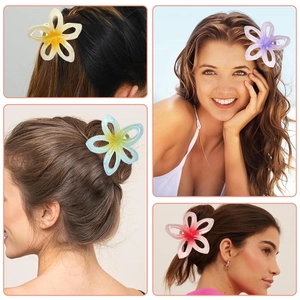 Detailed views of hollow plumeria hair claws in gradient yellow, purple, blue, and pink colors