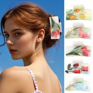 Sweet Floral Printed Hair Claw Tulip Rose Design PVC Large Shark Clip Elegant Fashion Hair Accessories For Women Girls