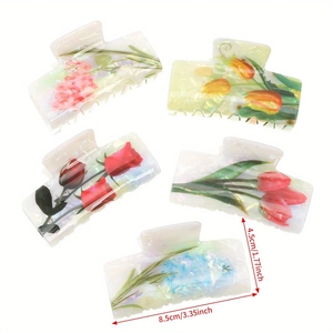 Floral hair claw clips set with tulip and rose prints for women, 8.5cm acrylic shark clips