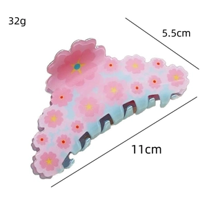 Pink and blue gradient floral hair claw clip with cherry blossom pattern and size markers