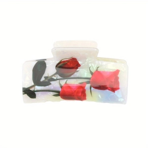 Elegant white acetate hair claw clip with red rose prints and strong metal spring