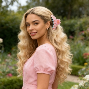Close-up of pink floral hair claw clip worn on wavy hair in a sunlit garden