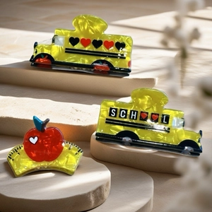 Cartoon school bus and apple ruler hair claws in colorful acetate for kids hairstyles