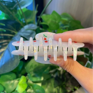 Sweet cherry print hair claw clip with pearlescent finish for stylish hair styling