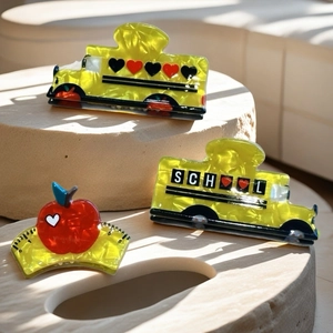 Cute school bus and red apple acetate hair claws set with polished marble finish