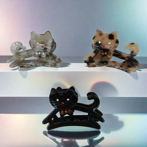 Pinces à cheveux chat avec strass en gris translucide, léopard et noir brillant