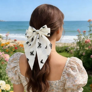 Elegante fiocco per capelli color crema con farfalle nere indossato in riva al mare