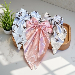 Sweet Satin Bow Hair Clip With Long Streamer Floral Print Large Spring Clip Handmade Fashion Party Hair Accessories For Women
