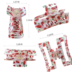 Square cherry print hair claw clip in white acetate with multi-angle size dimensions