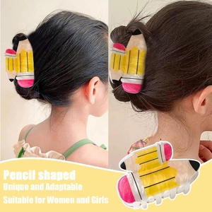 Pinza per capelli creativa a forma di matita gialla per donne e ragazze in tre diverse viste
