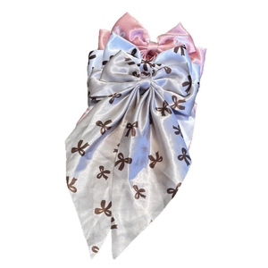 Sweet satin bow hair clips with mini bow prints in pink, white, and grey colors
