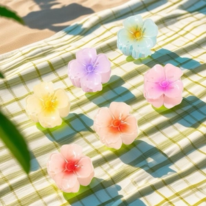 Set of six colorful 4cm floral hair claws arranged on a picnic mat at the beach