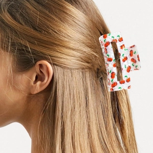 Square white hair claw clip with red cherry print for women's hairstyle