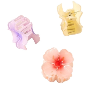 Three-piece flower hair clips set in lilac, cream, and pink with 4cm floral petals