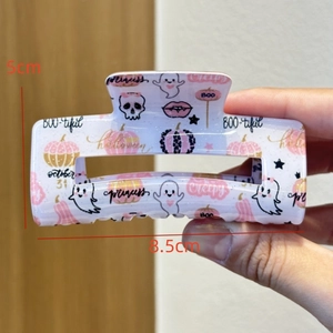 Pink Halloween claw clip with ghost and pumpkin patterns, 8.5cm square shark hair clamp
