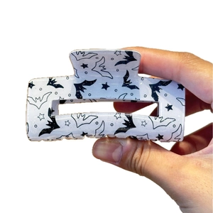 Ghost bat and pentagram print hair claw clip in white acrylic for Halloween styling