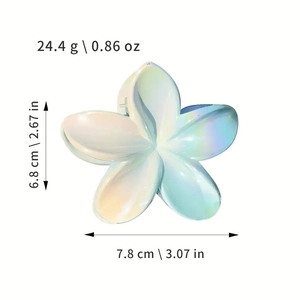 Gradient plumeria flower hair claw clip with pearlescent finish and size measurements