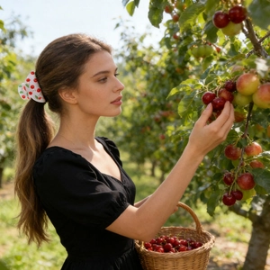 Summer hair claw clip with cherry print and bow design worn by a model in a garden