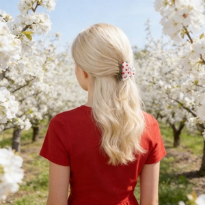 Outdoor hairstyle with small cherry print hair claw clip in a white blooming background