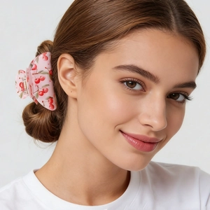 Pink hair claw clip with cherry print worn by a model to secure a high hair bun stylishly