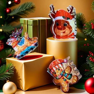 Detail view of festive gingerbread man and reindeer hair claws with soft holiday decor