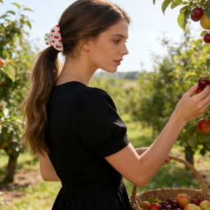 Detailed view of cherry print hair claw clip worn by a model in a sunlit orchard setting