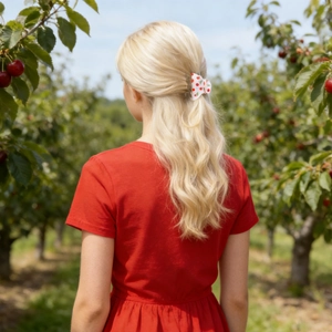 Detail of a white cherry print hair claw clip worn by a model in an orchard setting