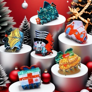 Christmas hair claw clips set with Santa, reindeer, and tree designs on white pedestals