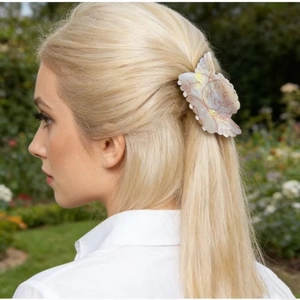 Elegant angel wings hair claw clip with pearlescent finish on a half-up hairstyle
