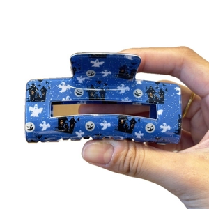 Dark blue Halloween ghost hair claw clip with castle and pumpkin patterns for festive party