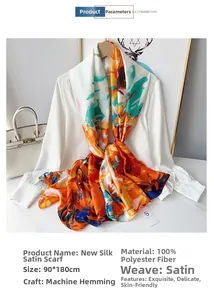 Detail view of 90x180cm floral polyester scarf with elegant satin weave and machine hem