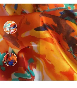 Detail of silk scarf showing vibrant abstract hand-painted pattern and glossy texture
