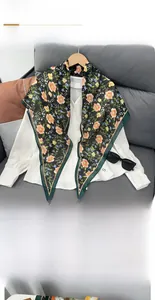 Floral diamond silk scarf displayed on a white shirt with elegant summer blossom pattern
