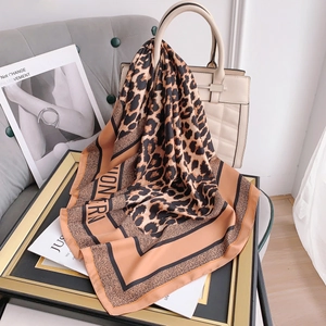 Elegant Leopard Print Letter Polyester Square Scarf For Women Modern Printed Satin Scarf Fashion Neck Scarf Sun Protection Shawl