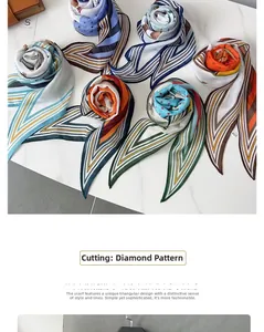 Flat lay of multiple colorful geometric silk scarves with diamond-cut edges on marble