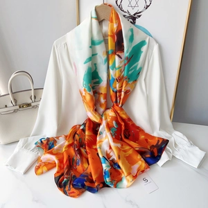 Women Elegant Abstract Floral Print Scarf Large Sun Protection Shawl Satin Polyester Lightweight Artistic Soft Wraps For Beach Travel