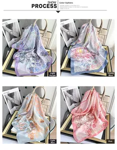Floral silk scarf collection in lavender, smoky blue, light blue, and pink color variants