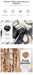 Detailed close-up showing machine-hemmed edges and artistic black and white floral silk scarf