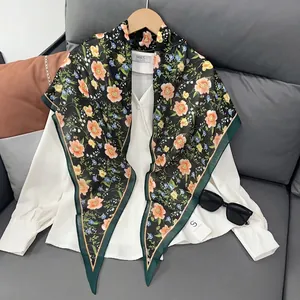 Floral print breathable thin silk scarf with green borders on a white shirt