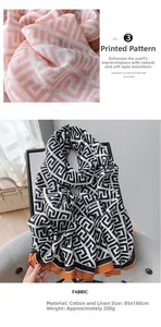 Close-up of cotton linen scarf with Greek key print, measuring 85x180cm and 200g weight