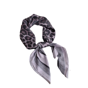 Elegant leopard print and geometric dot pattern silk scarf with purple and grey accents