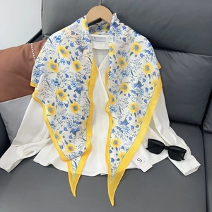 Breathable floral silk scarf with yellow borders and blue flowers for summer style
