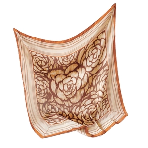 Elegant warm brown and beige floral silk scarf with vintage rose pattern and stripe borders
