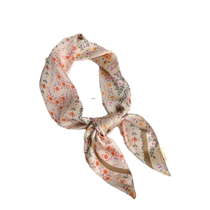 Floral print satin silk square scarf with geometric stripes in champagne and orange colors