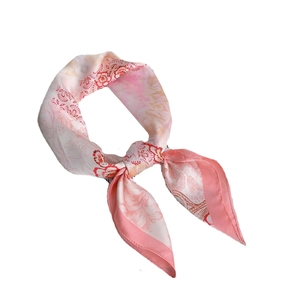 Elegant floral twilly scarf with pink and beige paisley patterns in premium silk finish