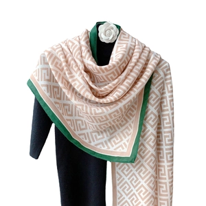 Minimalist cotton linen scarf with geometric greek pattern and green border for summer
