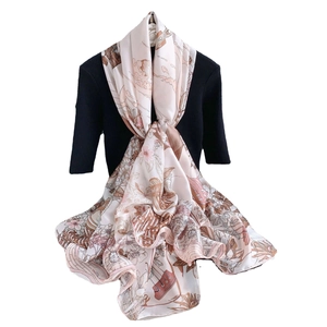 Elegant floral print long scarf for women with vintage architecture pattern on white fabric