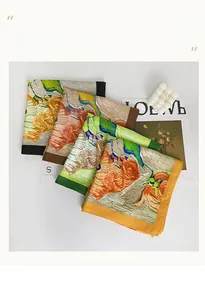 Artistic oil painting silk square scarves displayed with elegant fashion lifestyle props