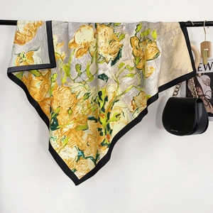 Artistic oil painting sunflower square silk scarf with elegant black border decoration