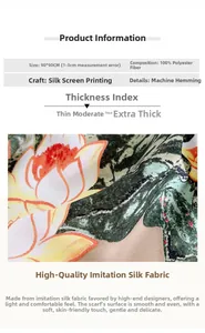Detail of 90x90cm polyester scarf with screen-printed lotus pattern and machine rolled edge